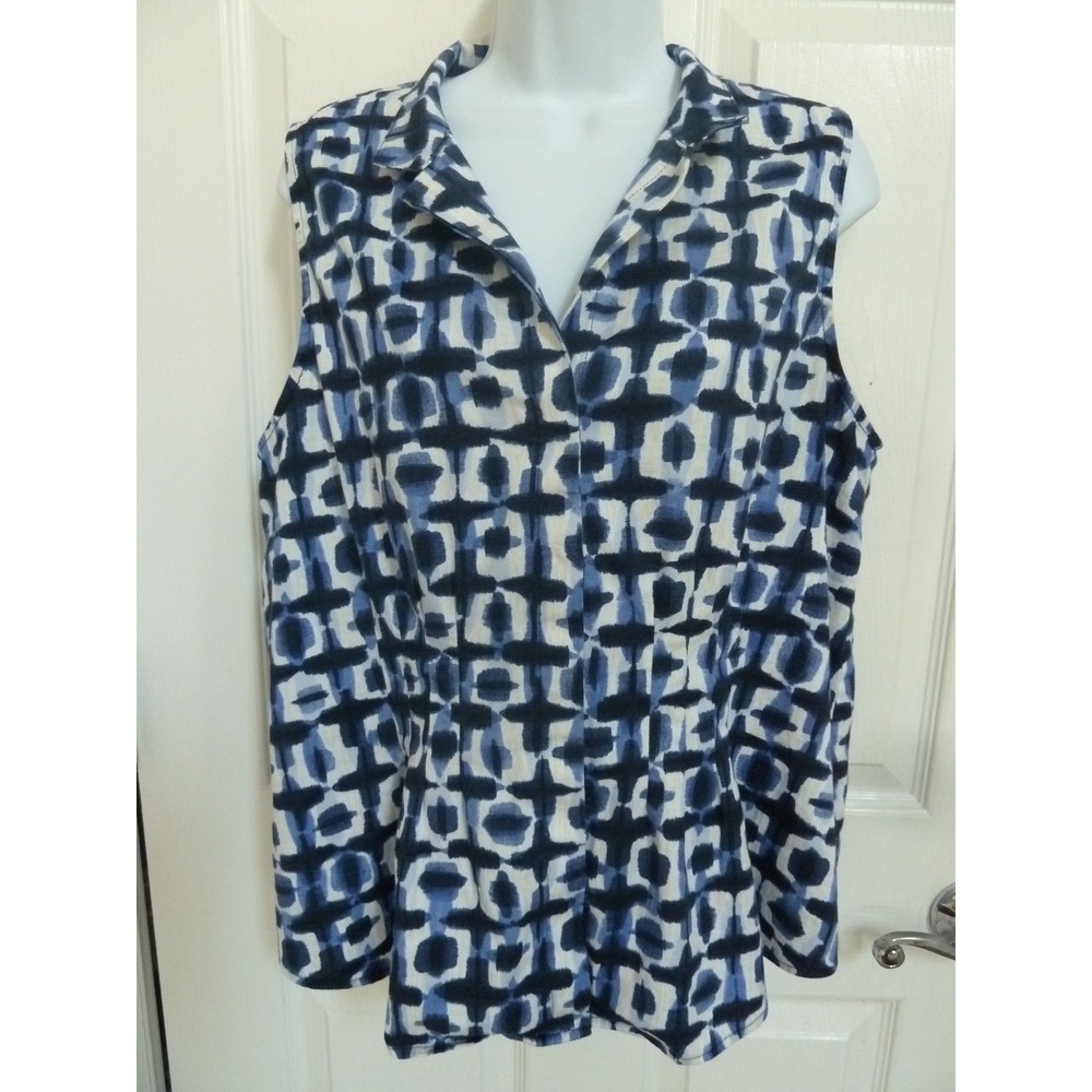 NIC + ZOE XL Sleeveless Blouse Hi-Lo Hem Abstract Blue White Cotton Top